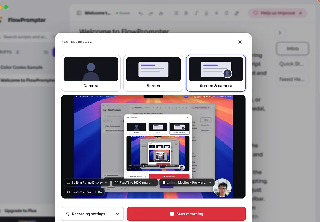 FlowPrompter Desktop s otevřeným scénářem a viditelnými ovládacími prvky nahrávání