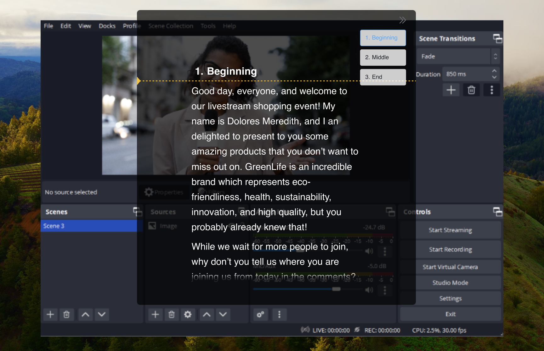 FlowPrompter script overlay used alongside OBS Studio recording controls