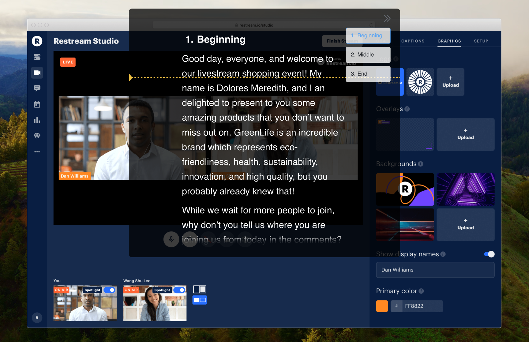 FlowPrompter script beside Restream Studio for multistream hosting