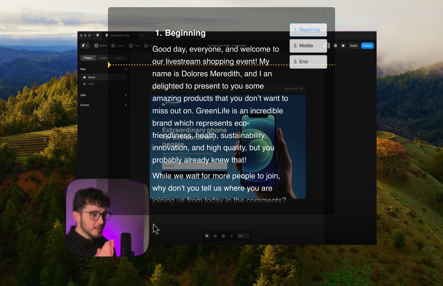 FlowPrompter script visible while recording a Screen Studio product demo